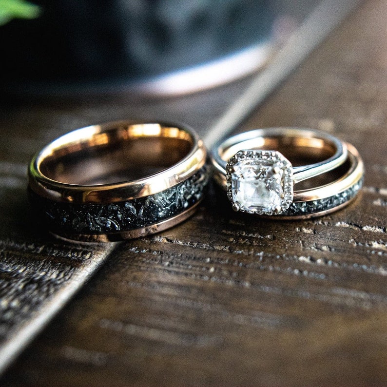 Couples Meteorite Wedding Bands His Hers Wedding Ring Set Promise Rings Rose Gold Matching Wedding Rings Romeo & Juliet image 4