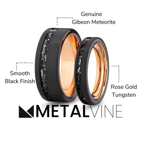 Couples Meteorite Wedding Bands- His Hers Wedding Ring Set- Promise Rings- Rose Gold Matching Wedding Rings- Romeo & Juliet