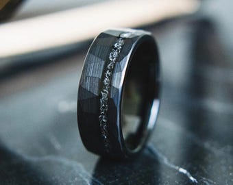 Men&#39;s Wedding Ring Black - Meteorite Ring - Black Hammered Men’s Ring - Meteorite Men&#39;s Wedding Band - Tungsten Ring- Kent