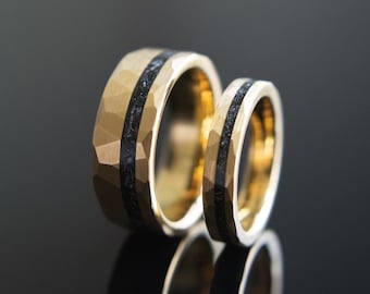 Couples Gold Wedding Bands- His and Hers Gold Wedding Rings- Promise Rings- Men’s Meteorite Wedding Ring Set- Kent & Lois