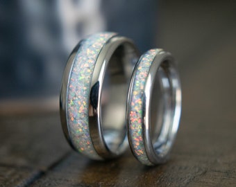 Opal Wedding Rings Couples- His and Hers Wedding Bands Set- Opal Rings- Opal Matching Wedding Rings- Couples Opal Rings - Men's Opal Ring