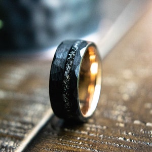 Men's Wedding Ring Black - Meteorite Ring- Tungsten Ring - Black Hammered Wedding Ring - Meteorite Wedding Ring- Engagement Ring Men- Luna