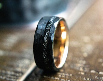 Men&#39;s Wedding Ring Black - Meteorite Ring- Tungsten Ring - Black Hammered Wedding Ring - Meteorite Wedding Ring- Engagement Ring Men- Luna