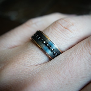 Diamond Mens Wedding Ring - Black Diamond Mens Wedding Band - Unique Mens Wedding Bands -Mens Black Zirconium Ring, Eternity Wedding Band