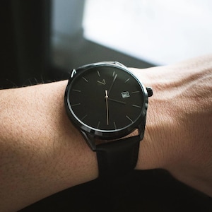 Men's Black Watch - Personalized Men's Watch - Black Leather Men's Watch  - Stylish Men's Watch -Minimalist Watch- The Onyx