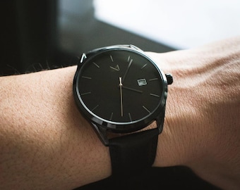 Relógio Masculino Preto - Relógio Masculino Personalizado - Relógio Masculino de Couro Preto - Relógio Masculino Elegante - Relógio Minimalista - The Onyx