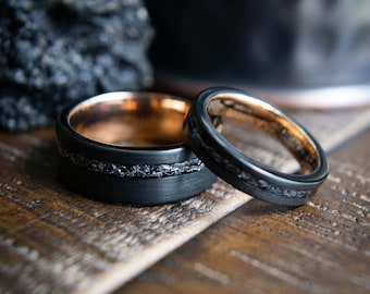 Couples Meteorite Wedding Bands- His Hers Wedding Ring Set- Promise Rings- Rose Gold Matching Wedding Rings- Black Wedding Bands Jack & Rose