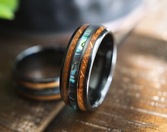 Whiskey Barrel Wood Tungsten Ring- Abalone Shell Men&#39;s Wedding Ring-  Men&#39;s Wedding Ring - Men&#39;s Wedding Band Tungsten-  Wedding Band- Oasis