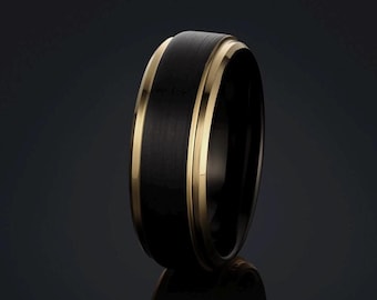Black And Gold Men's Wedding Ring - Men's Wedding Band - Brushed Tungsten Men's Ring - Gold Edges - Black Brushed Ring - Bruce