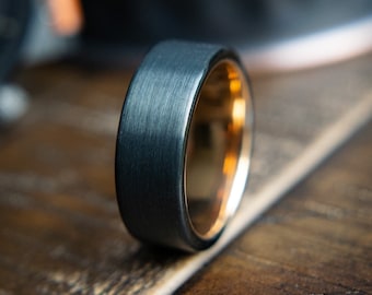 Men's Black Wedding Ring - Men's Wedding Ring Tungsten -  Men's Rose Gold Wedding Ring - Men's Wedding Band Black Ellison