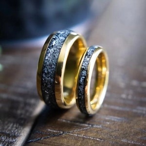 NEW Couples Meteorite Wedding Bands- His Hers Wedding Ring Set- Promise Rings- Yellow Gold Matching Wedding Rings- Romeo & Juliet GOLD