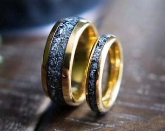 NEW Couples Meteorite Wedding Bands- His Hers Wedding Ring Set- Promise Rings- Yellow Gold Matching Wedding Rings- Romeo & Juliet GOLD