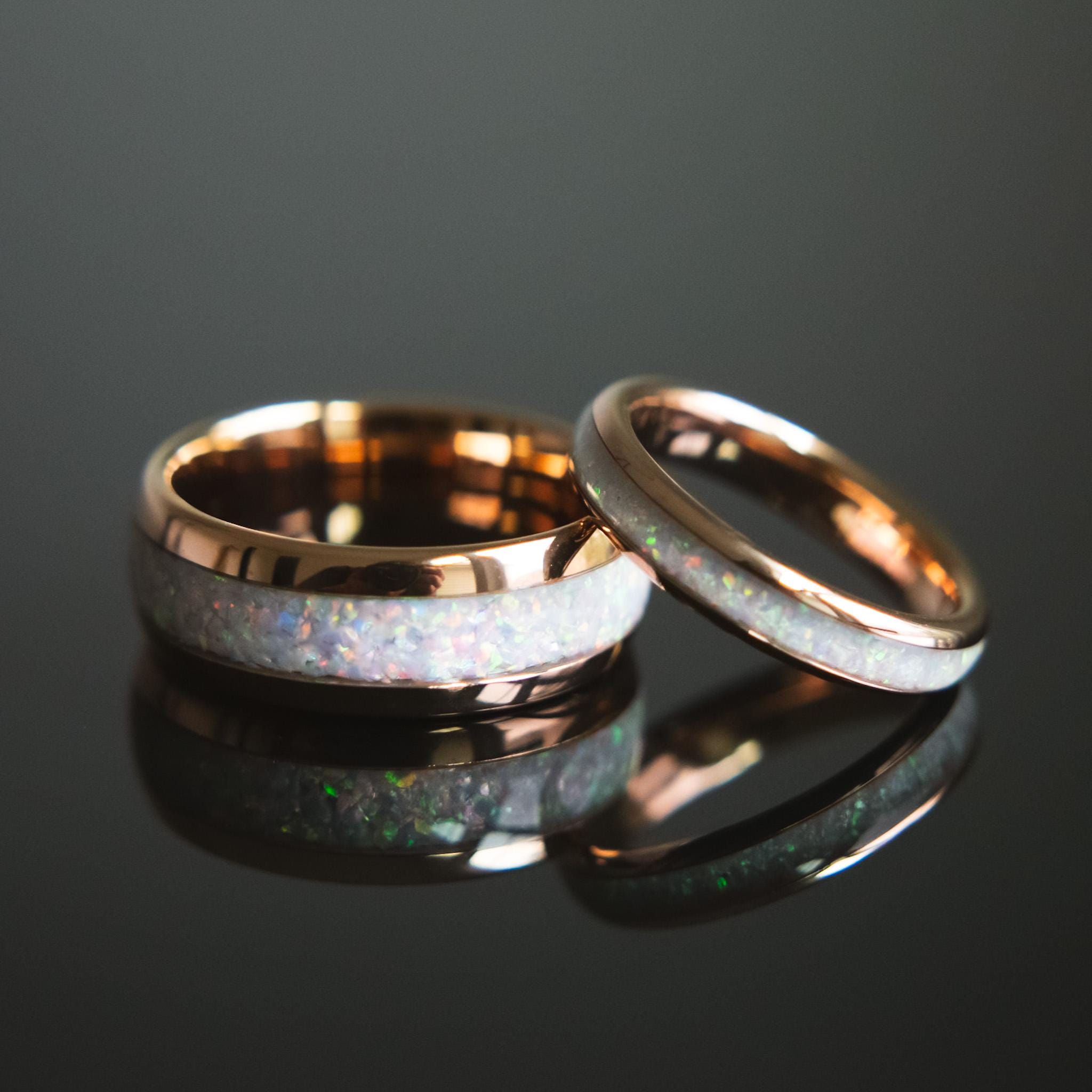 14K Rose Gold Opal Wedding Bands - Tungsten Opal - Matching Wedding Rings - Beast & Beauty Rose
