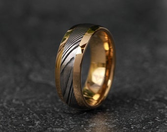 Damascus Steel Ring -Yellow Gold Mens Wedding Ring Damascus Engagement Ring- Mens Wedding Band- Damascus Gold Ring Men -Mens Gold Ring-Spart