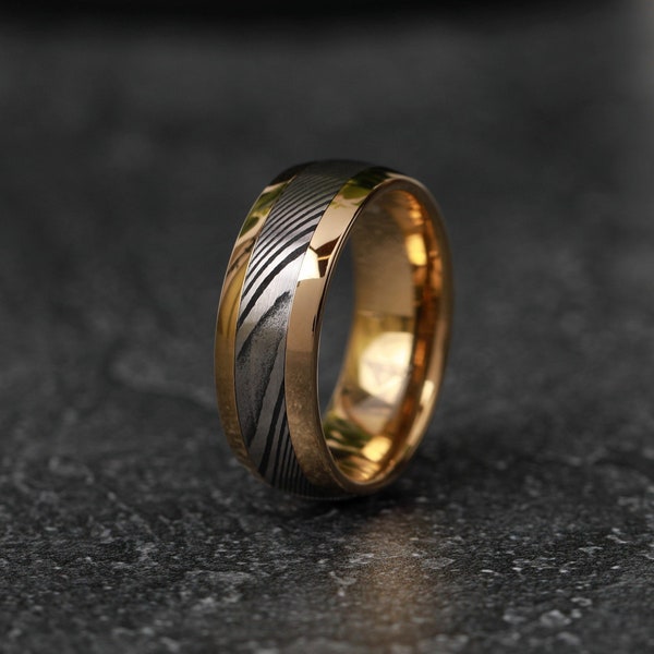 Damascus Steel Ring -Yellow Gold Mens Wedding Ring Damascus Engagement Ring- Mens Wedding Band- Damascus Gold Ring Men -Mens Gold Ring-Spart