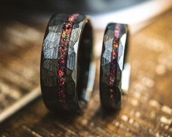 Couples Wedding Bands- Black Hammered Rustic His Hers Wedding Rings- Men’s Black Wedding Band Set- Rogue & Gambit