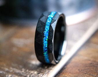 Opal Men's Wedding Ring-Opal Wedding Bands - Hammered Men's Wedding Rings - Men's Rings - Blue Opal Men's Wedding Rings- Diver