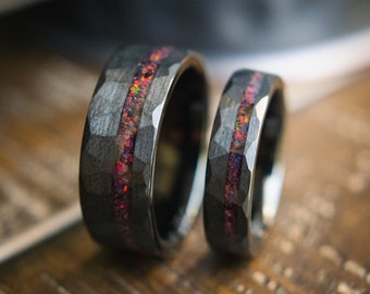 Couples Wedding Bands- Black Hammered Rustic His Hers Wedding Rings- Men’s Black Wedding Band Set- Rogue & Gambit