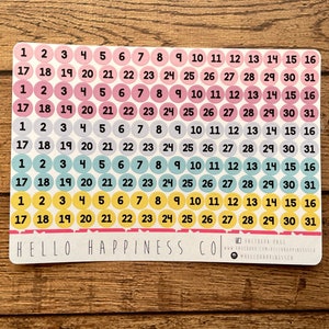 May include: A sheet of colorful round stickers with numbers 1 through 31. The stickers are arranged in rows of 16, with five rows total. The stickers are pink, light blue, teal, and yellow. The text "HELLO HAPPINESS CO" is printed at the bottom of the sheet.