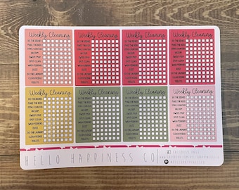 May include: Eight colorful weekly cleaning checklists with a grid of squares for marking off tasks. The tasks include "Do the dishes", "Make the beds", "Vacuum", "Sweep/Mop", "Spot clean", "Wash mirrors", "Dust", "Do the laundry", "Clean fridge", and "Clean toilets". The checklists are labeled "Weekly Cleaning" and are arranged in two rows of four. The bottom of the image has the text "HELLO HAPPINESS CO."