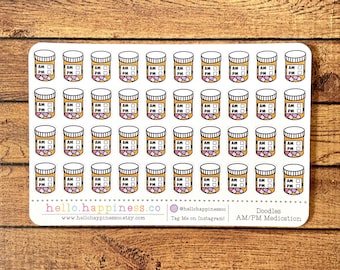 Doodle Medication Bottle with AM/PM Medication Tracker Planner Stickers