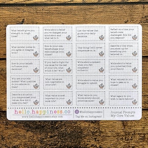 May include: A set of 16 colorful journal prompts with a hand-drawn design. The prompts are designed to help you reflect on your core values. The text on the cards reads "Journal Prompts My Core Values".