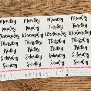 Brush Lettering Days of the Week Planner Stickers