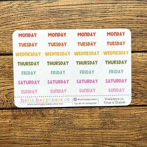 Pegatinas para el planificador de los días de la semana - Papas fritas y batido - Opciones de fuente coloridas y negras