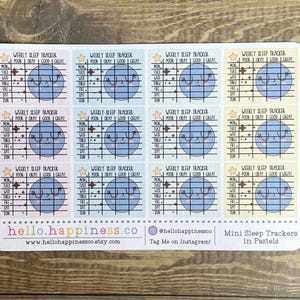 May include: A sheet of pastel-colored stickers with a weekly sleep tracker design. Each sticker features a cute cartoon moon with a face and stars. The stickers are labeled "Weekly Sleep Tracker" and have a scale from "Poor" to "Great".