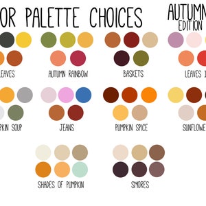 Pu&ograve; includere: Un grafico di 10 diverse palette di colori ispirate all'autunno. Ogni palette ha un nome ed &egrave; composta da 5 a 7 colori. I nomi delle palette sono: Foglie, Arcobaleno autunnale, Cesti, Foglie II, Zuppa di zucca, Jeans, Spezie di zucca, Girasoli, Sfumature di zucca e Marshmallow.