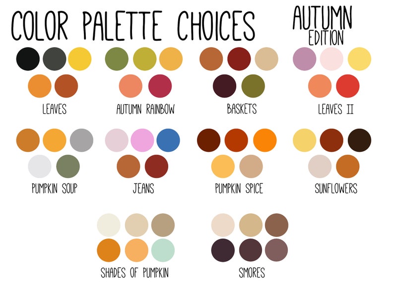 Pu&ograve; includere: Un grafico di 10 diverse palette di colori ispirate all'autunno. Ogni palette ha un nome ed &egrave; composta da 5 a 7 colori. I nomi delle palette sono: Foglie, Arcobaleno autunnale, Cesti, Foglie II, Zuppa di zucca, Jeans, Spezie di zucca, Girasoli, Sfumature di zucca e Marshmallow.