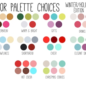 Pu&ograve; includere: Una tabella di palette di colori con 10 diverse palette di colori ispirate a temi invernali e festivi. Le palette sono etichettate con nomi come "Pan di zenzero", "Caldo e luminoso", "Regali", "Bevande", "Fiocchi di neve", "Biscotti secchi", "Allegria", "Neve elegante", "Cioccolata calda" e "Biscotti di Natale".
