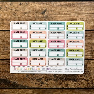 Puede incluir: Una hoja de pegatinas para planificador con el texto "HAIR APPT" en cajas rectangulares de colores pastel. Cada caja tiene espacio para la hora, con opciones "AM" y "PM", y el costo. La hoja de pegatinas también incluye el sitio web y el identificador de Instagram.