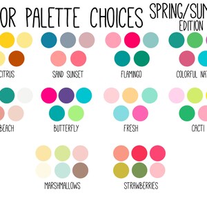 Pu&ograve; includere: Un grafico di palette di colori per la primavera e l'estate, con nomi come "Agrumi", "Tramonto sulla sabbia", "Fenicottero", "Natura colorata", "Spiaggia", "Farfalla", "Fresco", "Cactus", "Marshmallow" e "Fragole".