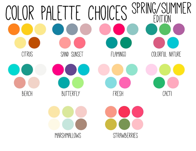 Pu&ograve; includere: Un grafico di palette di colori per la primavera e l'estate, con nomi come "Agrumi", "Tramonto sulla sabbia", "Fenicottero", "Natura colorata", "Spiaggia", "Farfalla", "Fresco", "Cactus", "Marshmallow" e "Fragole".
