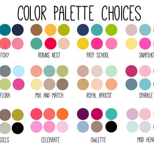 Pu&ograve; includere: Scelte di palette di colori per progetti di design. L'immagine mostra 12 diverse palette di colori con 6 colori in ogni palette. Le palette sono chiamate: Foxy, Robins Nest, Prep School, Snapshot, Flora, Mix and Match, Royal Apricot, Sparkle, Tassels, Celebrate, Owlette e Mod Heart.