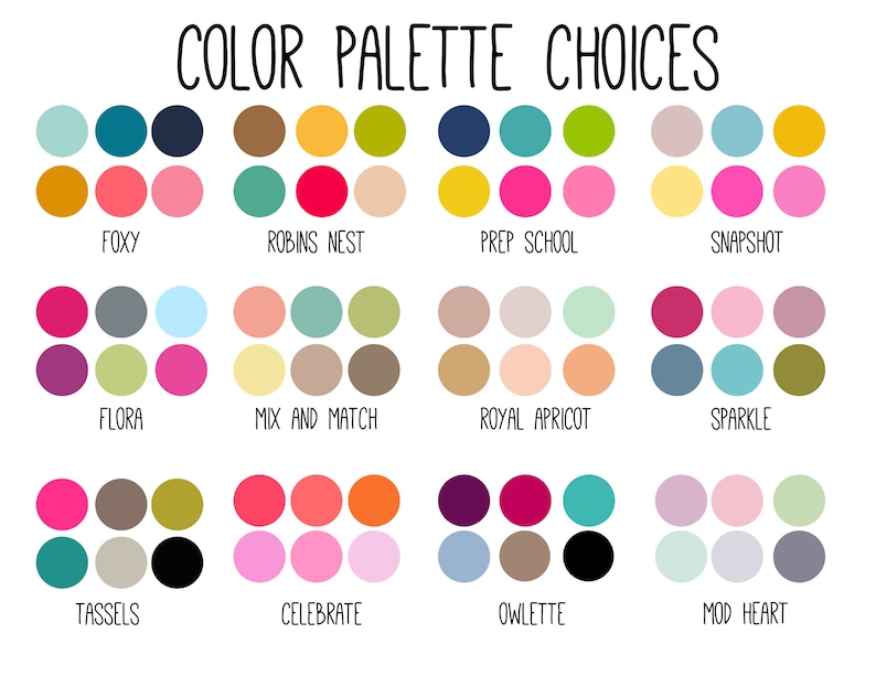 Pu&ograve; includere: Scelte di palette di colori per progetti di design. L'immagine mostra 12 diverse palette di colori con 6 colori in ogni palette. Le palette sono chiamate: Foxy, Robins Nest, Prep School, Snapshot, Flora, Mix and Match, Royal Apricot, Sparkle, Tassels, Celebrate, Owlette e Mod Heart.