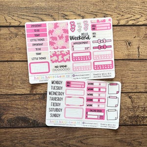 May include: Two sheets of pink and white planner stickers. The top sheet has "Important", "To Do", and "Today" labels, along with animal print and weekend-themed graphics. The bottom sheet features weekday labels and "Work" and "Online Order" sections.