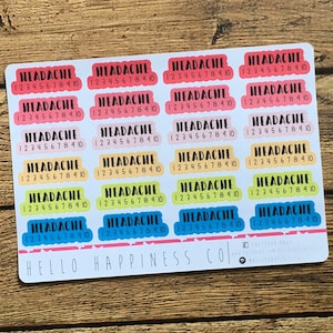 May include: A sheet of colorful stickers with the word "HEADACHE" and the numbers "1 2 3 4 5 6 7 8 9 10" repeated on each sticker. The stickers are in various colors, including pink, yellow, blue, and green. The text "HELLO HAPPINESS CO." is printed at the bottom of the sheet.
