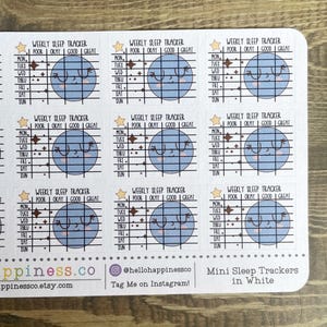 May include: Eight white stickers with a blue planet design and a weekly sleep tracker grid. The grid has columns labeled "Poor", "Okay", "Good", and "Great". Each sticker has a star and the days of the week labeled "Mon", "Tues", "Wed", "Thru", "Fri", "Sat", and "Sun".