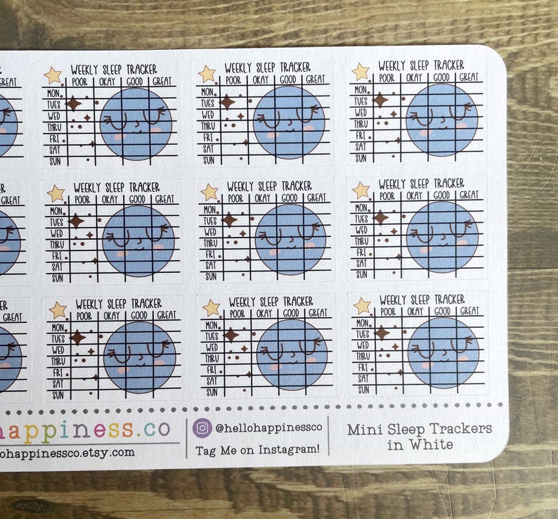 May include: Eight white stickers with a blue planet design and a weekly sleep tracker grid. The grid has columns labeled "Poor", "Okay", "Good", and "Great". Each sticker has a star and the days of the week labeled "Mon", "Tues", "Wed", "Thru", "Fri", "Sat", and "Sun".