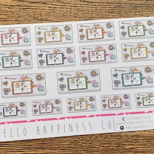 May include: A sheet of colorful planner stickers featuring a variety of designs, including a closed notebook, a cup of coffee, a pencil, and a sticky note. The stickers are arranged in a grid pattern and have a white background. The text "HELLO HAPPINESS CO" is printed at the bottom of the sheet.
