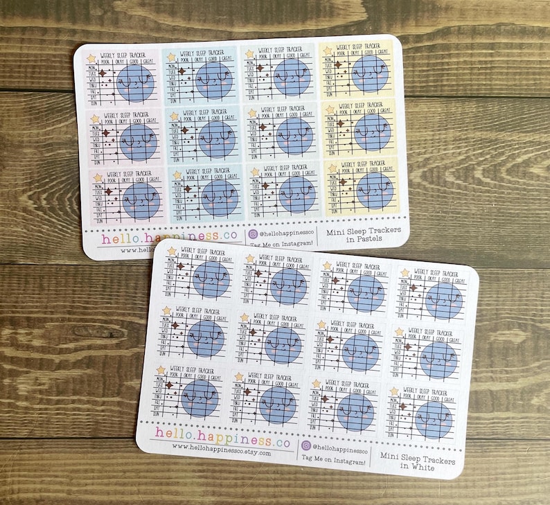May include: Two sheets of stickers with pastel and white backgrounds. Each sheet has 12 mini sleep trackers with a blue moon and stars. The text on the sheets reads "Weekly Sleep Tracker" and "Mini Sleep Trackers in Pastels" and "Mini Sleep Trackers in White".