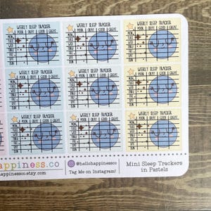 May include: Nine pastel colored stickers with a weekly sleep tracker. Each sticker features a cartoon moon with a face and stars. The stickers are labeled "Weekly Sleep Tracker" with a scale of "Poor, Okay, Good, Great".