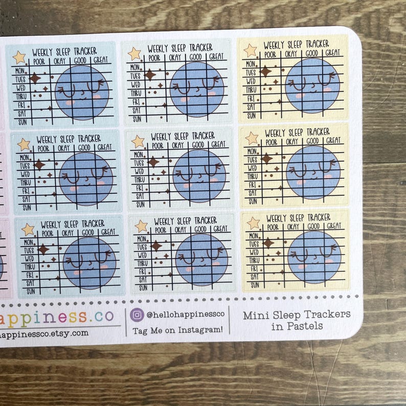 May include: Nine pastel colored stickers with a weekly sleep tracker. Each sticker features a cartoon moon with a face and stars. The stickers are labeled "Weekly Sleep Tracker" with a scale of "Poor, Okay, Good, Great".