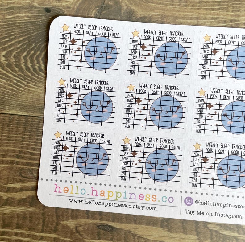 May include: Nine blue and white weekly sleep tracker stickers with a cartoon planet design. Each sticker has a grid with the days of the week and a rating scale from poor to great. The stickers are printed with the text "Weekly Sleep Tracker" and "Poor Okay Good Great".
