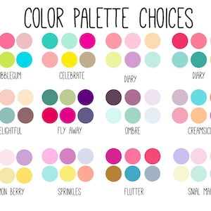 Pu&ograve; includere: Un grafico con 12 diverse palette di colori, ognuna con 6 colori. Le palette sono chiamate: Bubblegum, Celebrate, Diary, Diary, Delightful, Fly Away, Ombre, Creamsicle, Lemon Berry, Sprinkles, Flutter e Snail Mail.