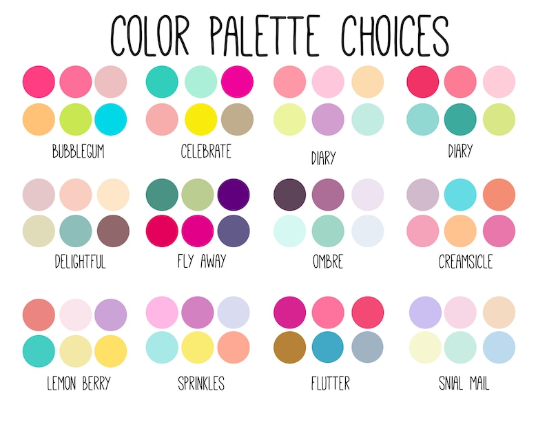 Pu&ograve; includere: Un grafico con 12 diverse palette di colori, ognuna con 6 colori. Le palette sono chiamate: Bubblegum, Celebrate, Diary, Diary, Delightful, Fly Away, Ombre, Creamsicle, Lemon Berry, Sprinkles, Flutter e Snail Mail.