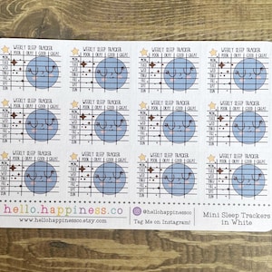 May include: Nine white sticker sheets with a weekly sleep tracker. Each sheet has a blue circle with a face and a grid for tracking sleep quality. The text on the sheet reads "Weekly Sleep Tracker" and "Poor Okay Good Great".