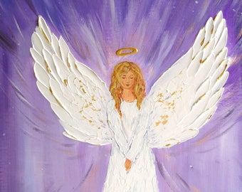 Originele engel schilderij beschermengel decor witte engelenvleugels kunst aan de muur engel op canvas engel van licht kerstcadeaus kind doop cadeau